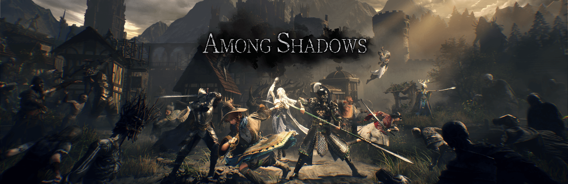 Official Among Shadows announcement banner showing combatants beneath the game logo.
