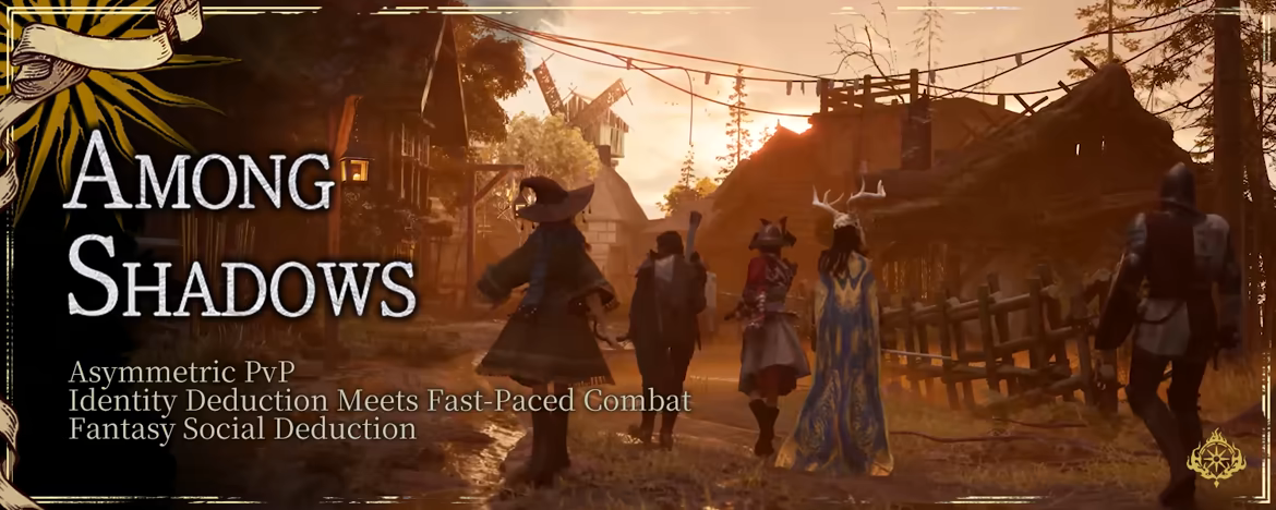 Official Among Shadows overview card showing a party entering a village.