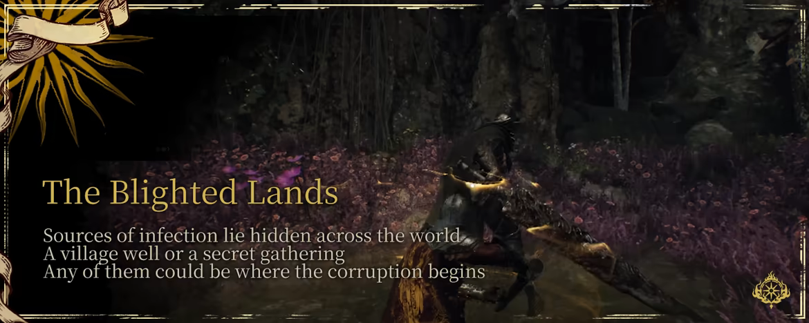 The Blighted Lands: official feature card showing combat in a forest.