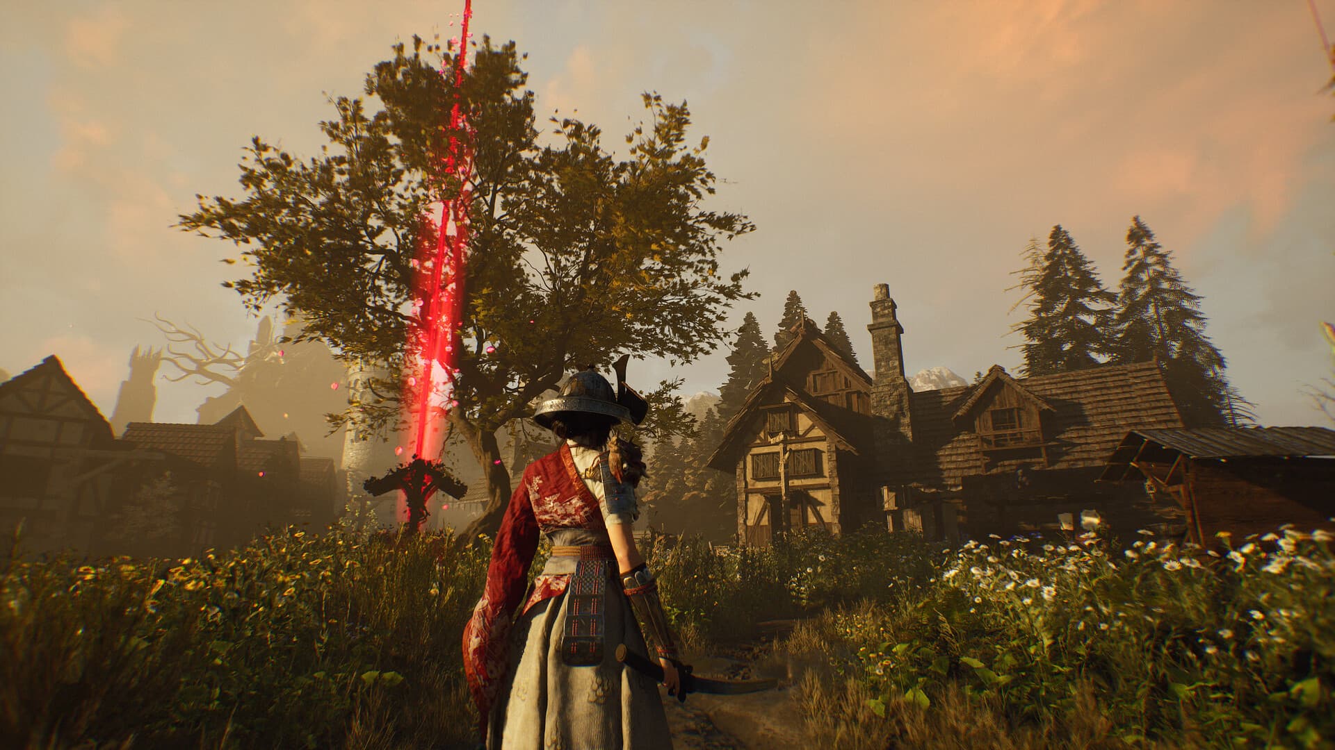A red beacon rises over a village as a cloaked character approaches.