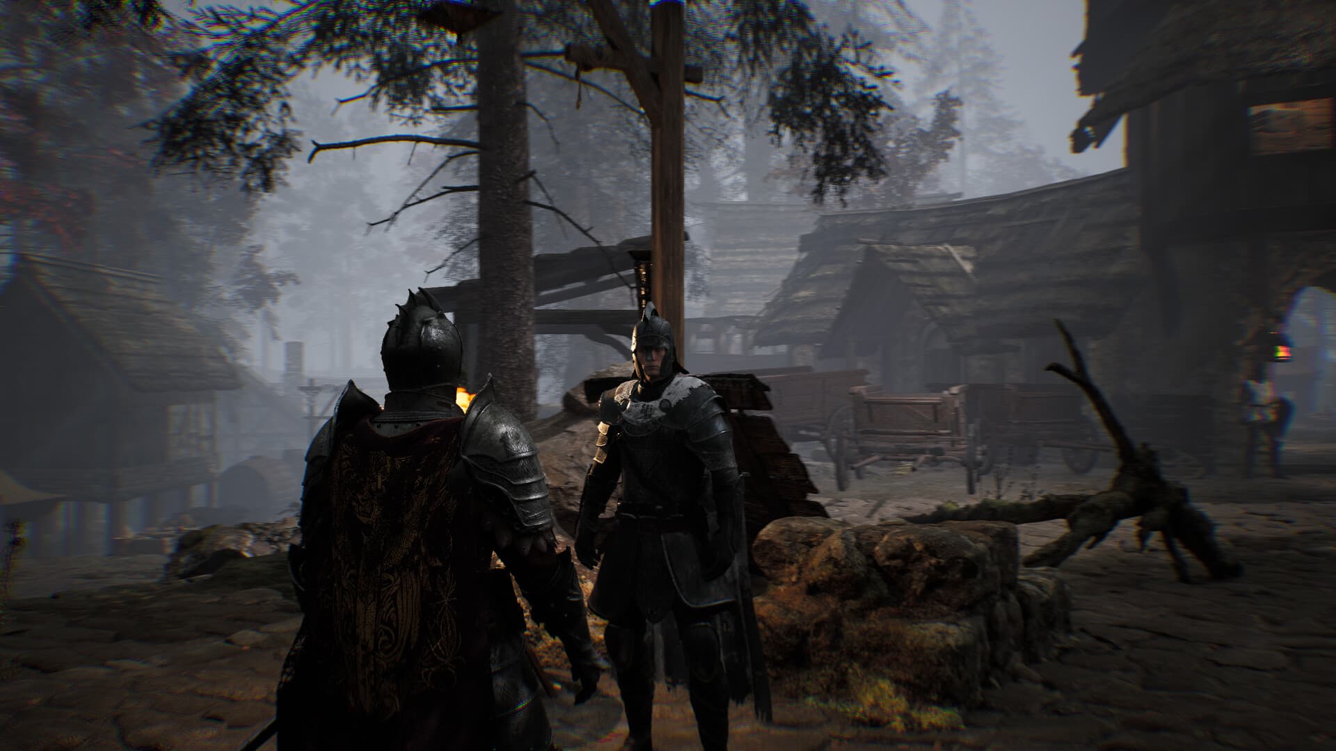 Two armored characters stand together in a fog-covered settlement.