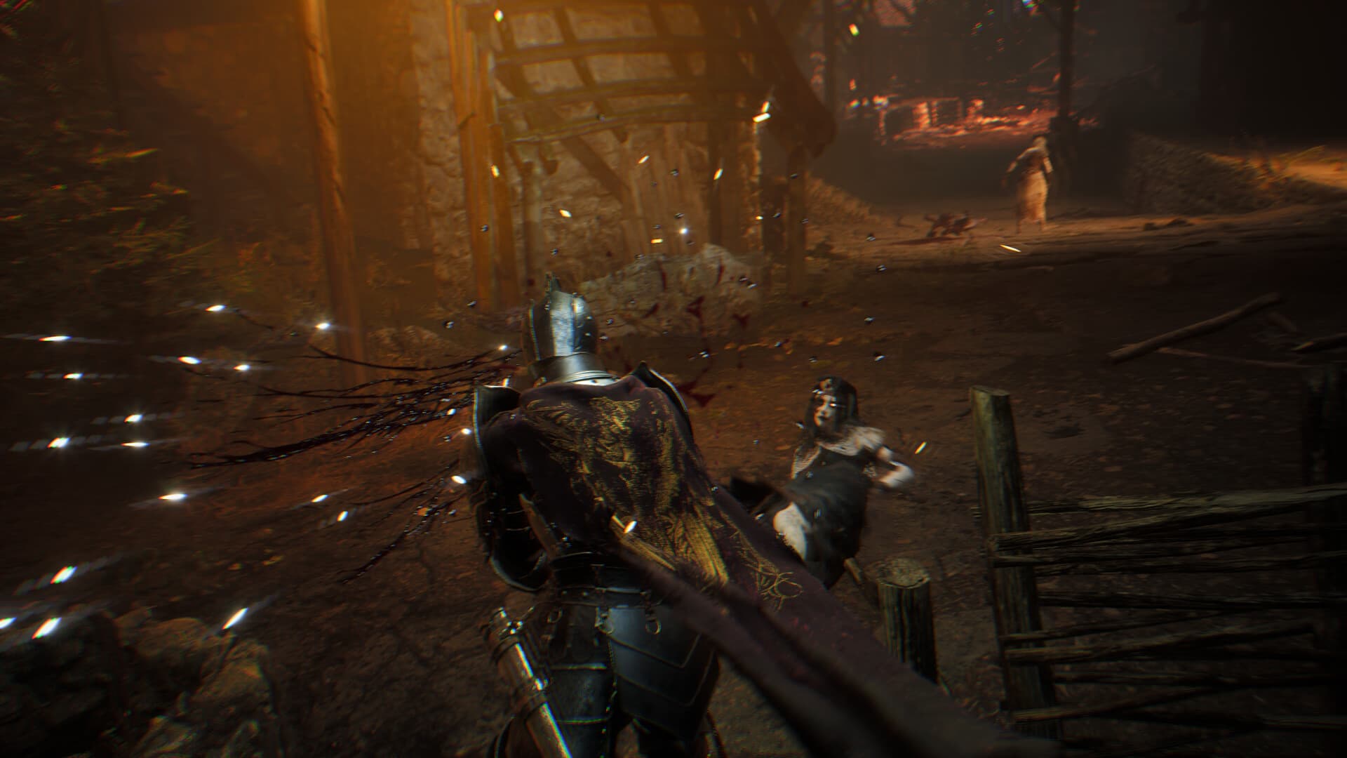 An armored combatant faces enemies in an orange-lit stone passage.