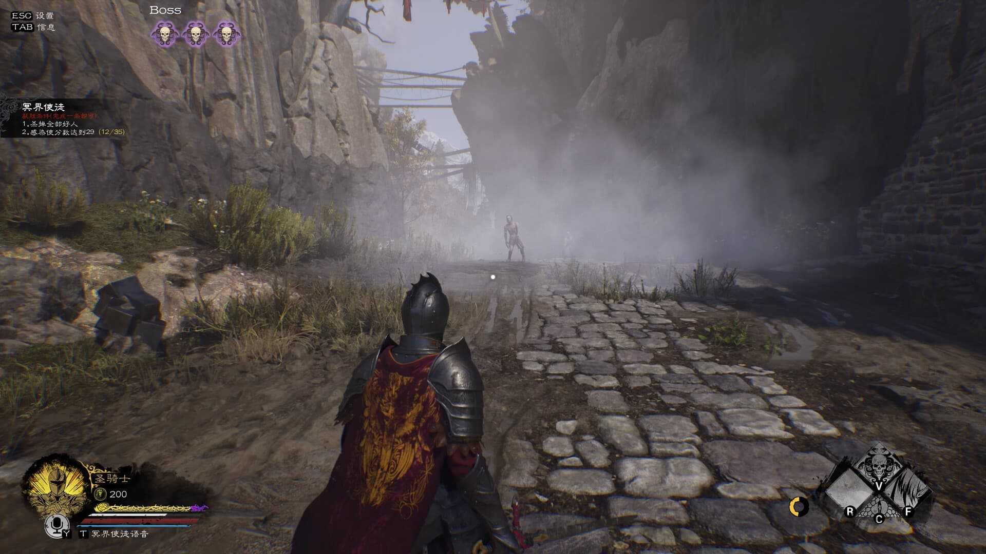 A character follows a cobbled path into a misty rocky ravine, with gameplay interface visible.